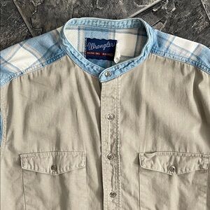 Vintage WRANGLER X-LONG TAILS Tan & Denim Blue Plaid Button-Up Rodeo Ranch Shirt